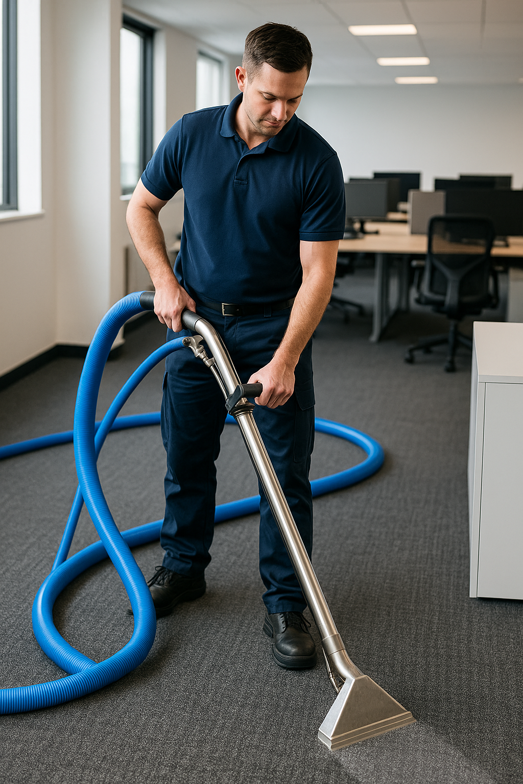 Professional carpet cleaner using a stainless wand and blue hose to deep-clean office carpet tiles