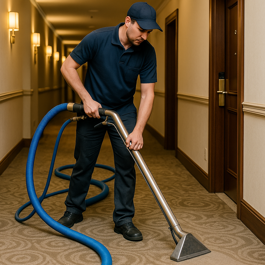 Professional carpet cleaner deep-cleaning a hotel corridor carpet with hot-water extraction